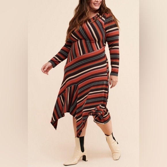 Maeve Anthropologie Striped knit dress handkerchief hem long sleeve maxi dress L